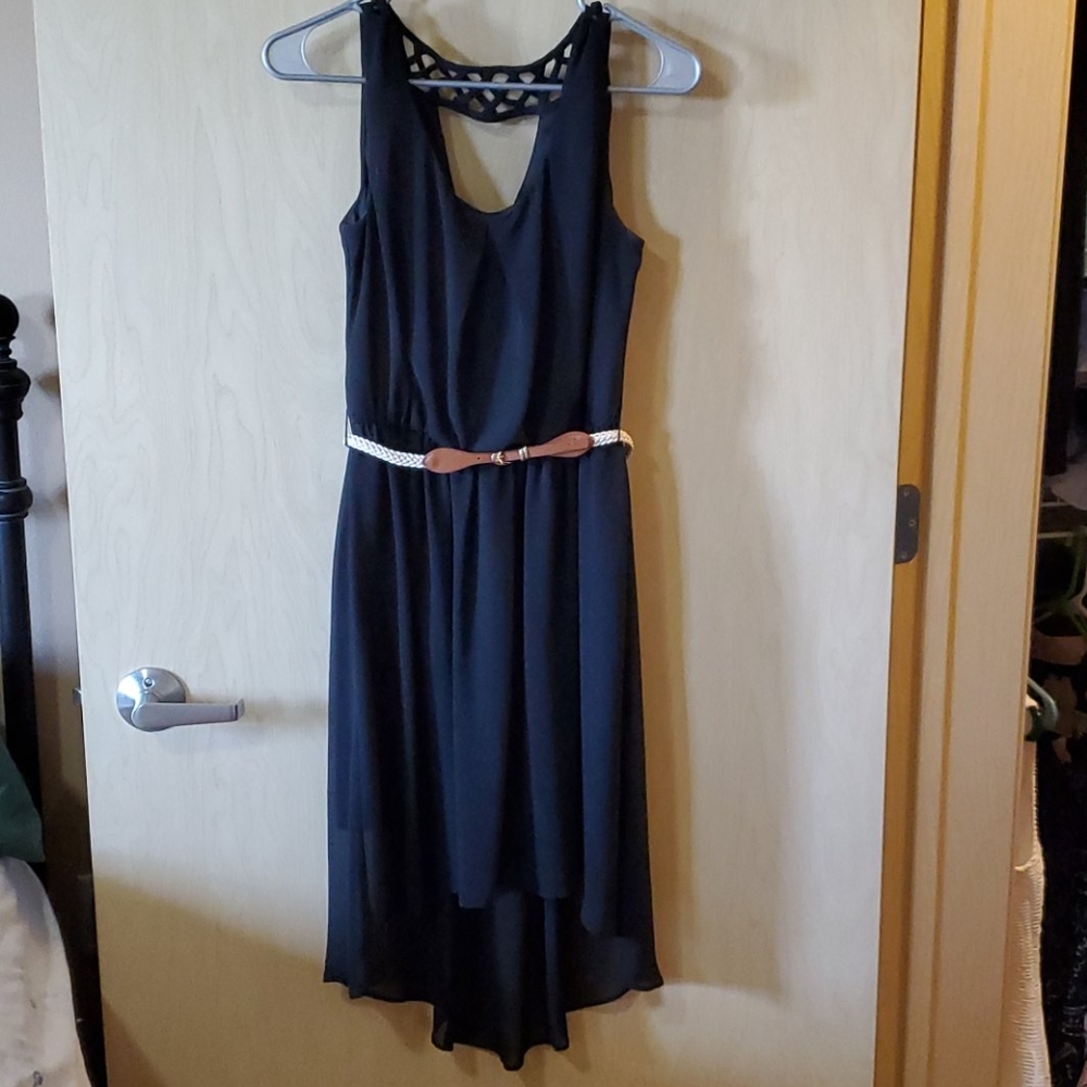 Black High-Low Chiffon Dress with Belt